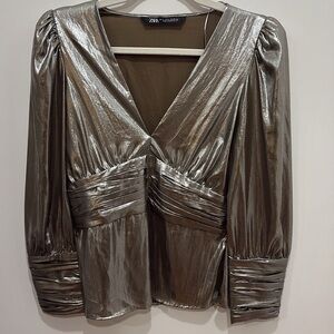 Zara Small Silver Long Sleeve Blouse Metallic